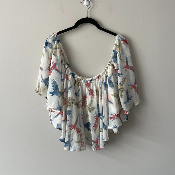 Molly Bracken Off The Shoulder Birds Print Ruffles Cropped Top White Blue XS - Picture 3 of 9
